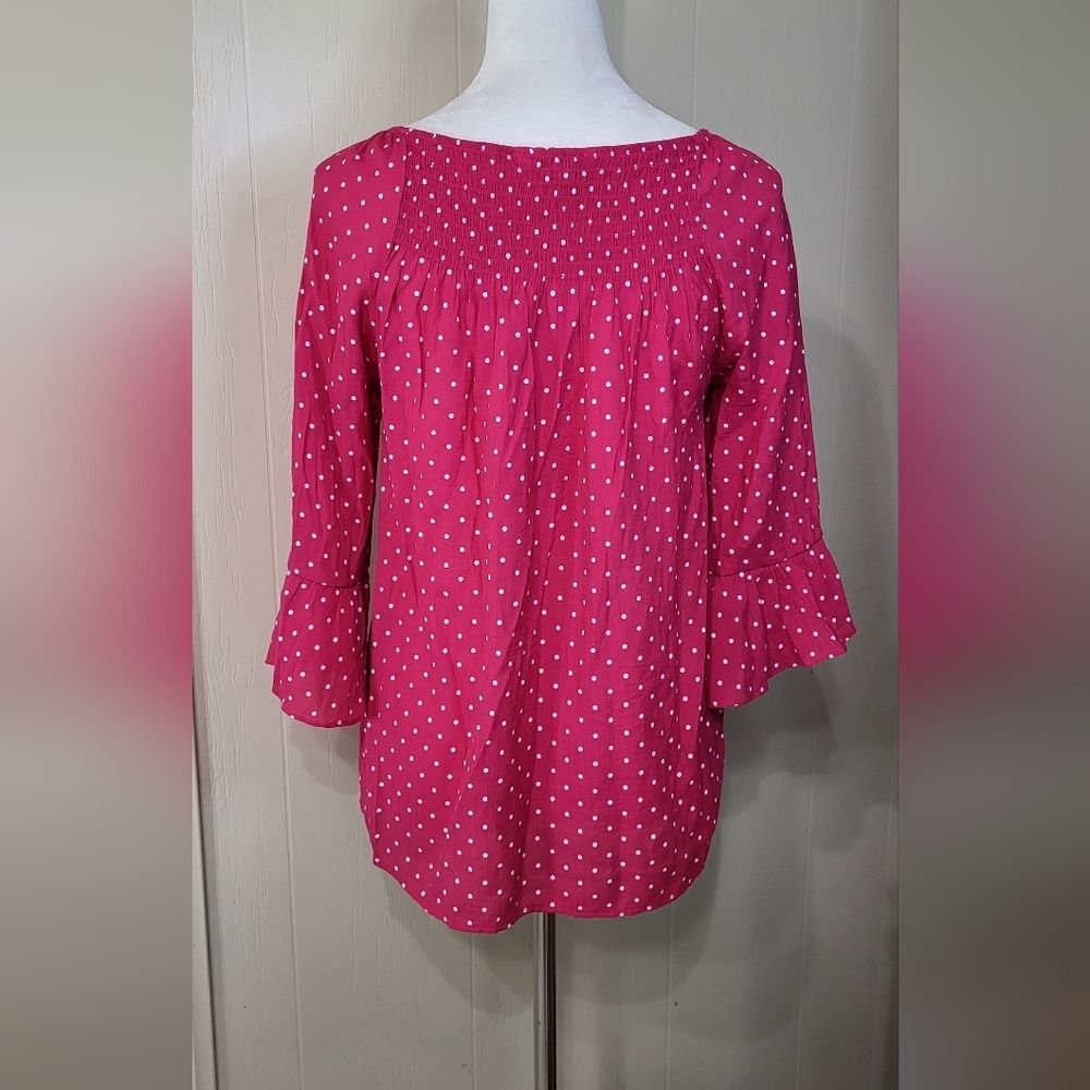 Counterparts Women's Hot Pink Polka Dot Smocked Long Sleeve Blouse Size Small 🐈 - Picture 7 of 10